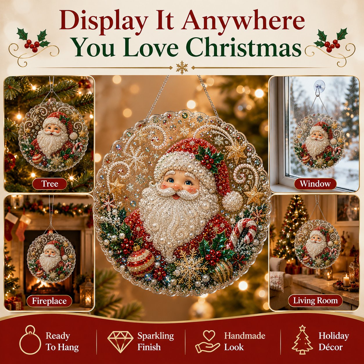 🎄 Kit de plaque décorative suspendue en acrylique « Diamond Art » sur le thème de Noël avec perles nacrées | Panneau résistant aux rayures et à la décoloration avec perles nacrées | Décoration de Noël à réaliser soi-même 🎅💎