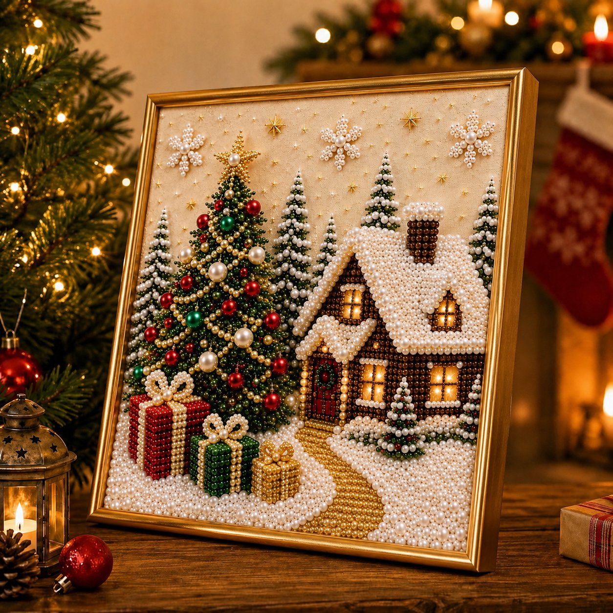 🎄🎅 Kit de décorations murales de Noël 3D haut de gamme avec perles | Toile de luxe recouverte d'une couche de flocons, avec des perles résistantes aux rayures et aux décolorations – Décoration de Noël à réaliser soi-même ⛄️❄️
