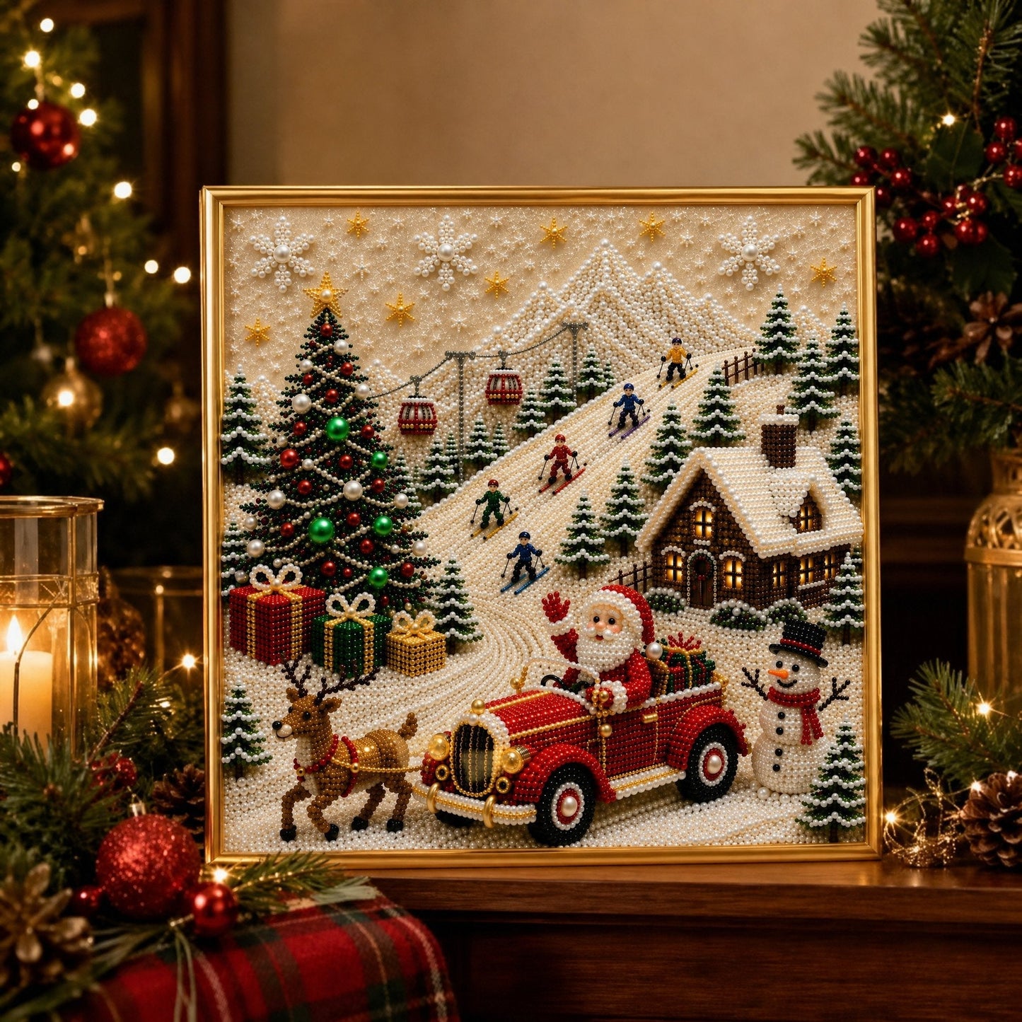 🎄🎅 Kit de décorations murales de Noël 3D haut de gamme avec perles | Toile de luxe recouverte d'une couche de flocons, avec des perles résistantes aux rayures et aux décolorations – Décoration de Noël à réaliser soi-même ⛄️❄️