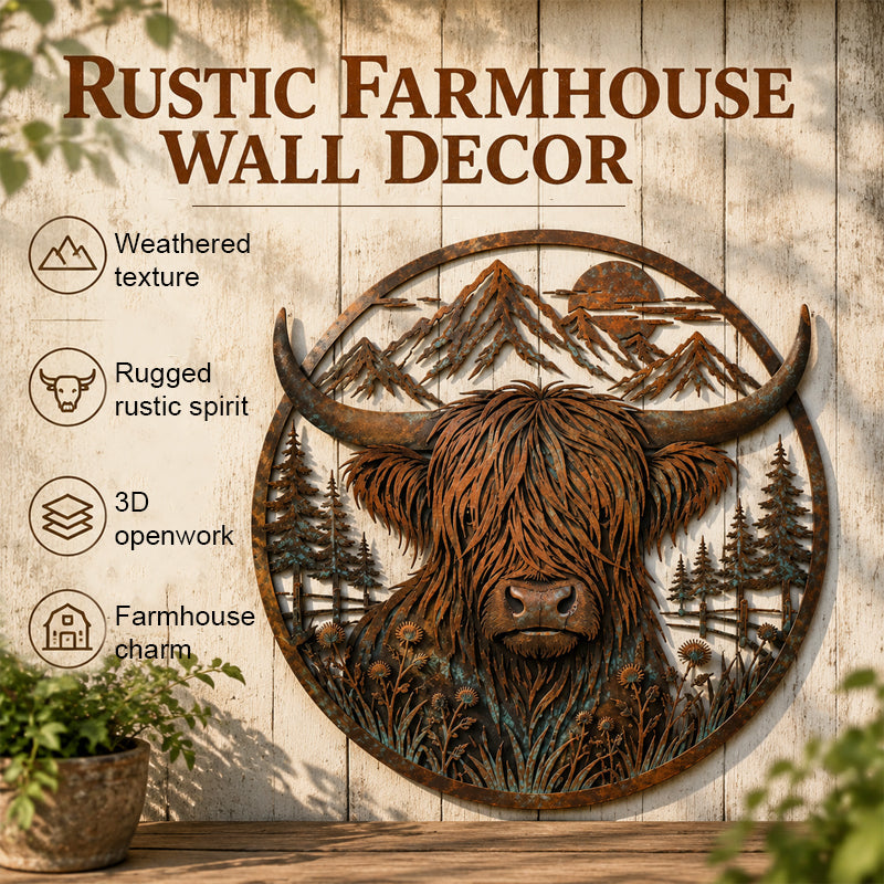 🐂Décoration murale en métal représentant un paysage de montagne et une vache des Highlands🏔️
