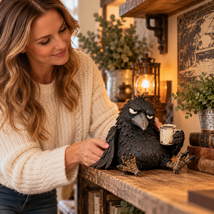 🐦‍⬛☕️ Figurine « Grumpy Coffee Raven » – Décoration matinale amusante « Not Yet » ✨