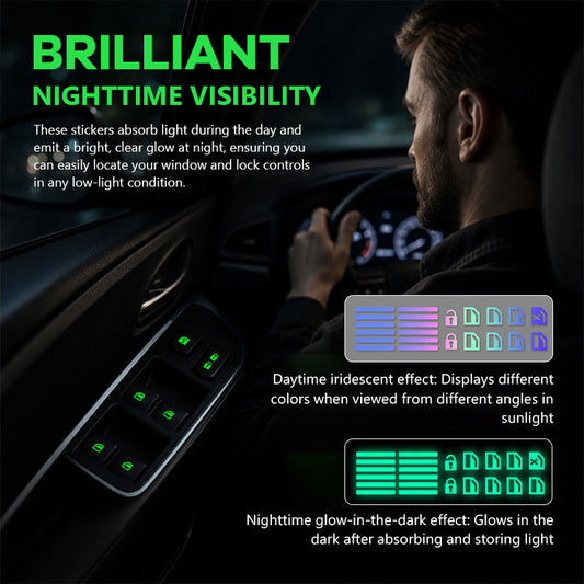 🚗✨ Autocollants lumineux pour commutateurs de vitres de voiture – Autocollants colorés et phosphorescents pour boutons d'avertissement 🌈🌙