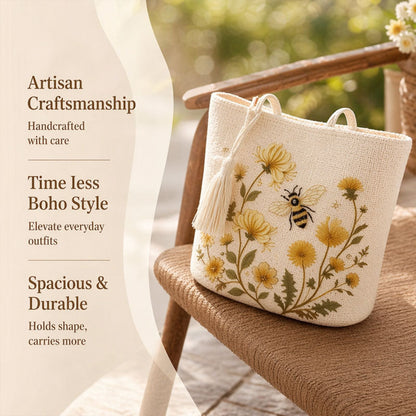 🌼 Sac fourre-tout « Abeille » au crochet fait main : broderie florale haut de gamme et sac à bandoulière bohème chic ! 🐝