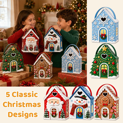 🏠🎄 Coffret cadeau « Christmas Cottage » avec poignée — 5 motifs festifs, emballage en forme de maison avec poignée de transport