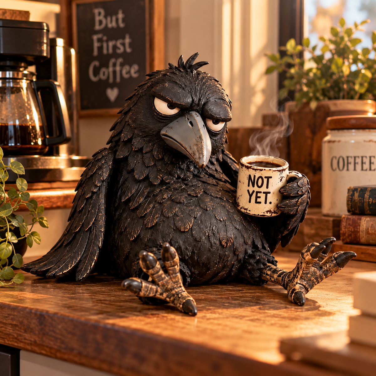 🐦‍⬛☕️ Figurine « Grumpy Coffee Raven » – Décoration matinale amusante « Not Yet » ✨