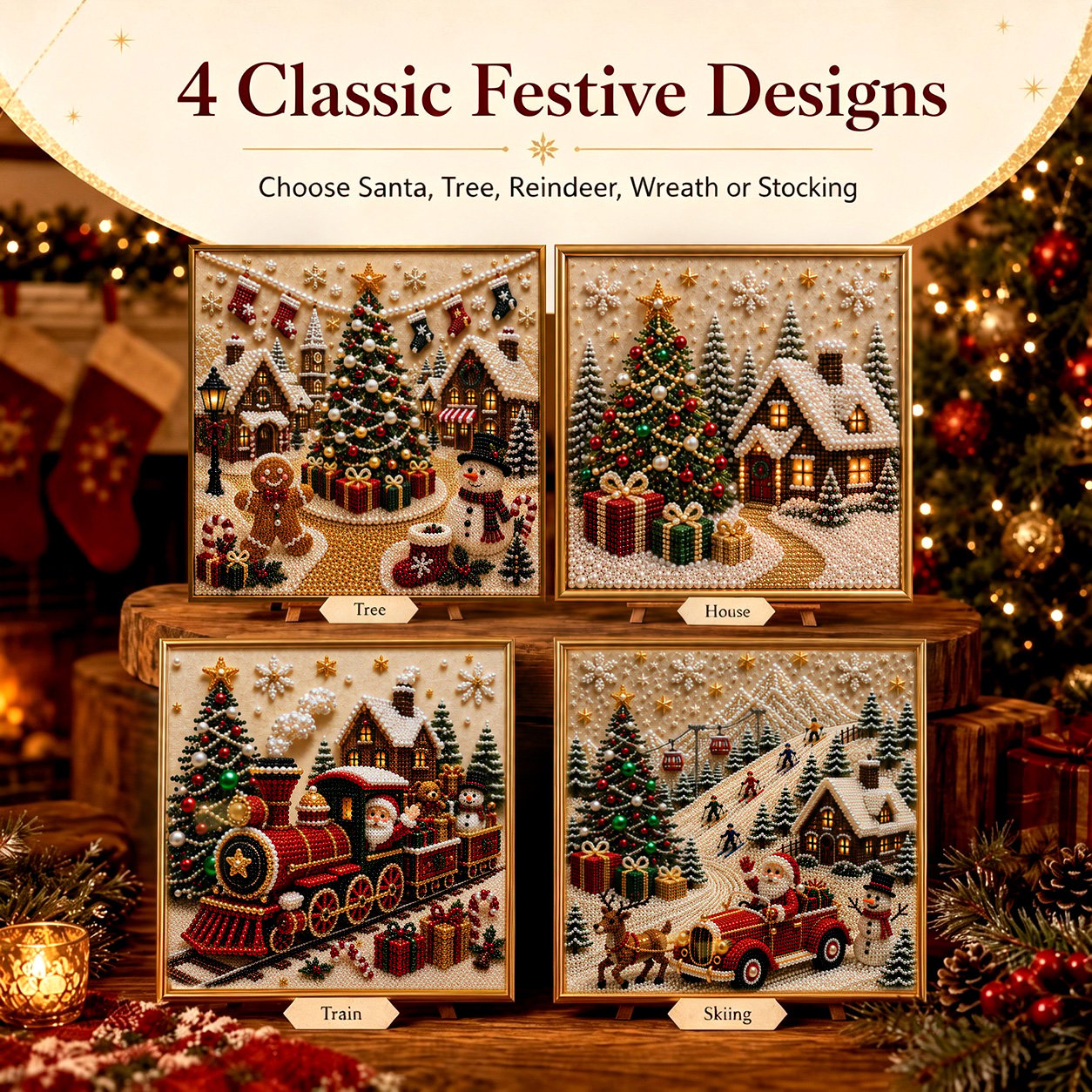 🎄🎅 Kit de décorations murales de Noël 3D haut de gamme avec perles | Toile de luxe recouverte d'une couche de flocons, avec des perles résistantes aux rayures et aux décolorations – Décoration de Noël à réaliser soi-même ⛄️❄️