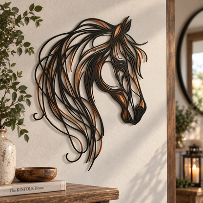 🐴✨ Décoration murale « Tête de cheval » en métal – Une œuvre d'art élégante aux accents chaleureux de bronze et de cuivre