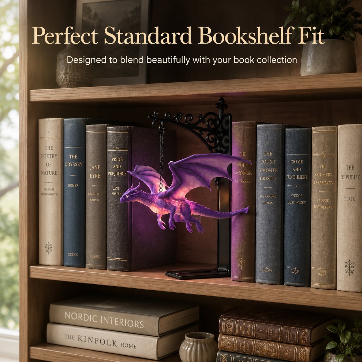 🐉 DragonGlow : serre-livres suspendu en forme de dragon violet avec petite lampe – Laissez un dragon lumineux veiller sur vos histoires préférées 📚🌠