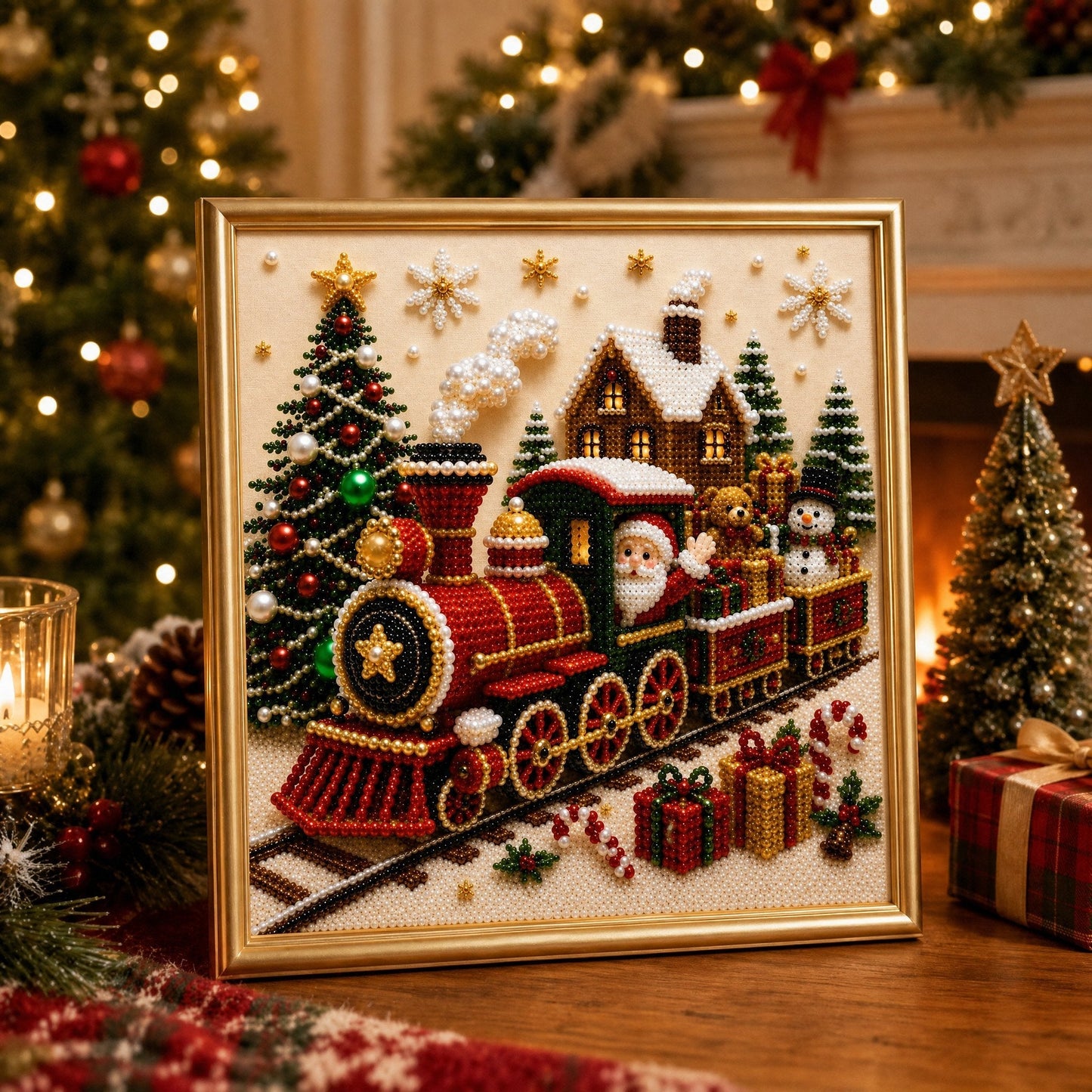 🎄🎅 Kit de décorations murales de Noël 3D haut de gamme avec perles | Toile de luxe recouverte d'une couche de flocons, avec des perles résistantes aux rayures et aux décolorations – Décoration de Noël à réaliser soi-même ⛄️❄️