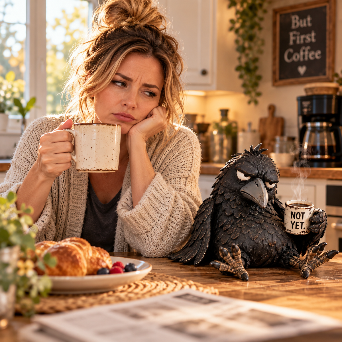 🐦‍⬛☕️ Figurine « Grumpy Coffee Raven » – Décoration matinale amusante « Not Yet » ✨
