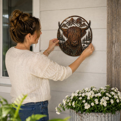 🐂Décoration murale en métal représentant un paysage de montagne et une vache des Highlands🏔️