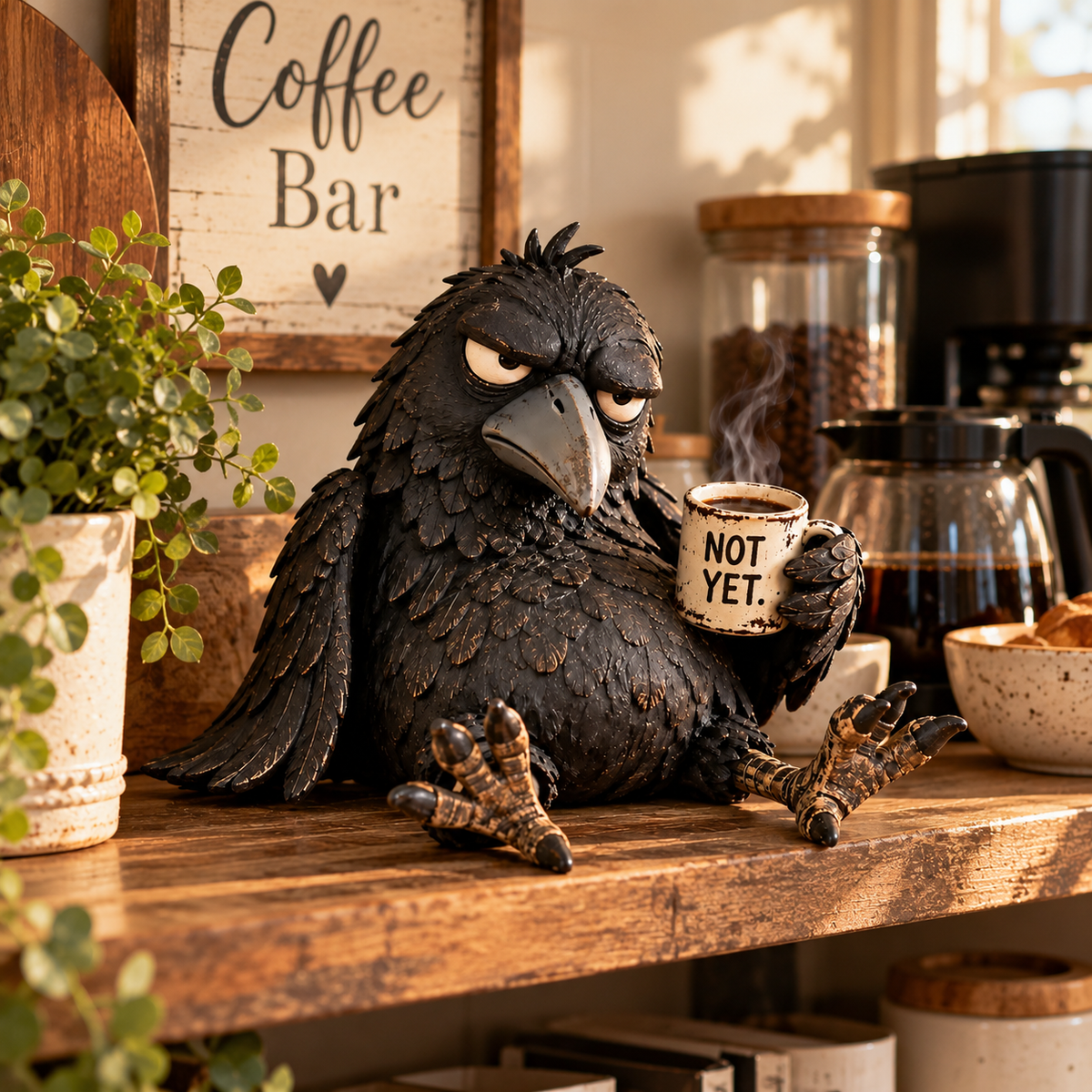 🐦‍⬛☕️ Figurine « Grumpy Coffee Raven » – Décoration matinale amusante « Not Yet » ✨