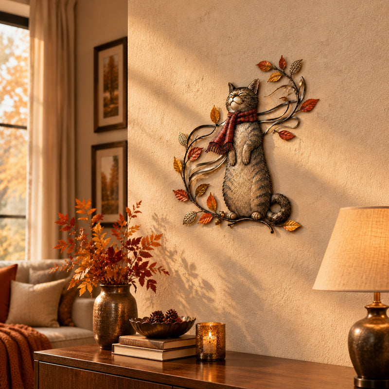 🍁Décoration murale en métal représentant un chat d'automne🐱