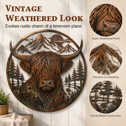 🐂Décoration murale en métal représentant un paysage de montagne et une vache des Highlands🏔️