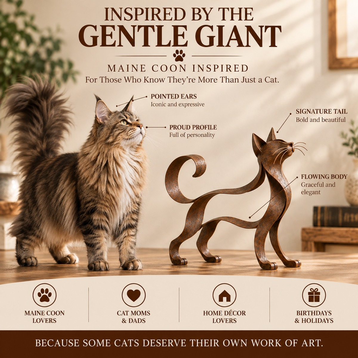 🐱 Sculpture métallique représentant un chat de type Maine Coon