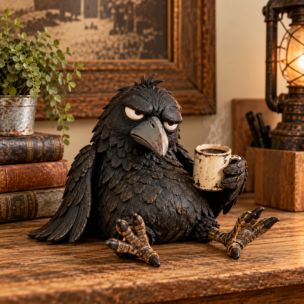 🐦‍⬛☕️ Figurine « Grumpy Coffee Raven » – Décoration matinale amusante « Not Yet » ✨
