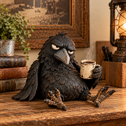 🐦‍⬛☕️ Figurine « Grumpy Coffee Raven » – Décoration matinale amusante « Not Yet » ✨