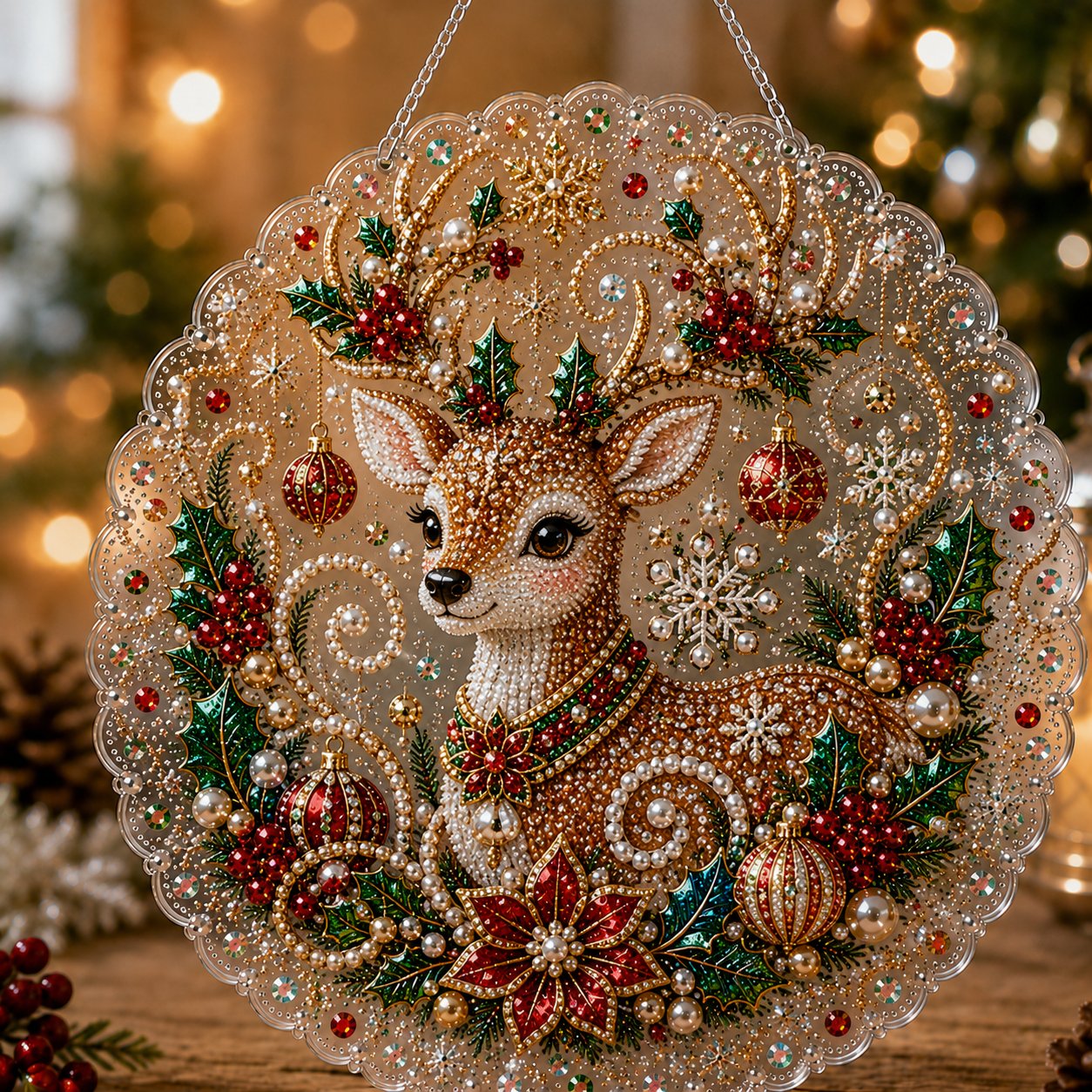 🎄 Kit de plaque décorative suspendue en acrylique « Diamond Art » sur le thème de Noël avec perles nacrées | Panneau résistant aux rayures et à la décoloration avec perles nacrées | Décoration de Noël à réaliser soi-même 🎅💎