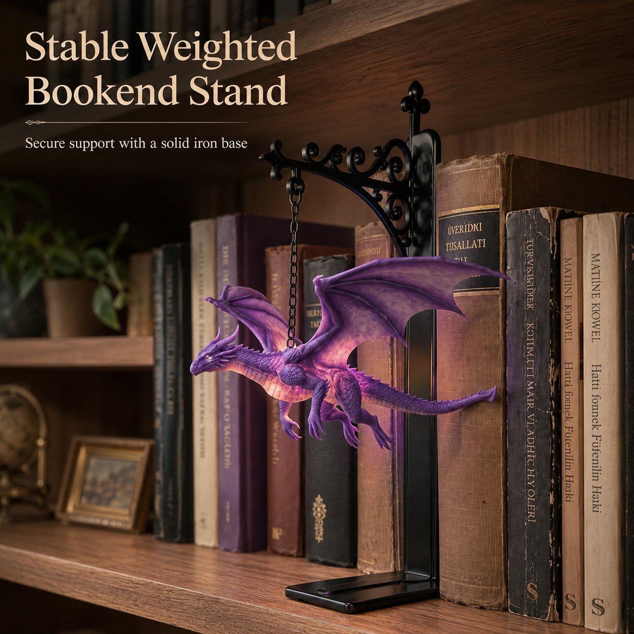 🐉 DragonGlow : serre-livres suspendu en forme de dragon violet avec petite lampe – Laissez un dragon lumineux veiller sur vos histoires préférées 📚🌠
