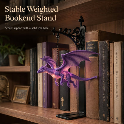 🐉 DragonGlow : serre-livres suspendu en forme de dragon violet avec petite lampe – Laissez un dragon lumineux veiller sur vos histoires préférées 📚🌠