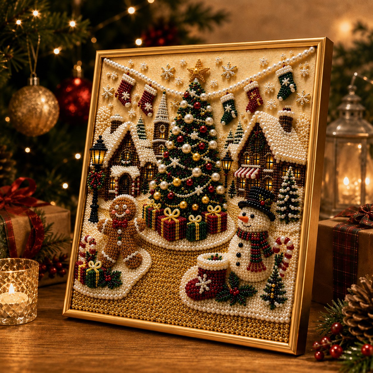 🎄🎅 Kit de décorations murales de Noël 3D haut de gamme avec perles | Toile de luxe recouverte d'une couche de flocons, avec des perles résistantes aux rayures et aux décolorations – Décoration de Noël à réaliser soi-même ⛄️❄️
