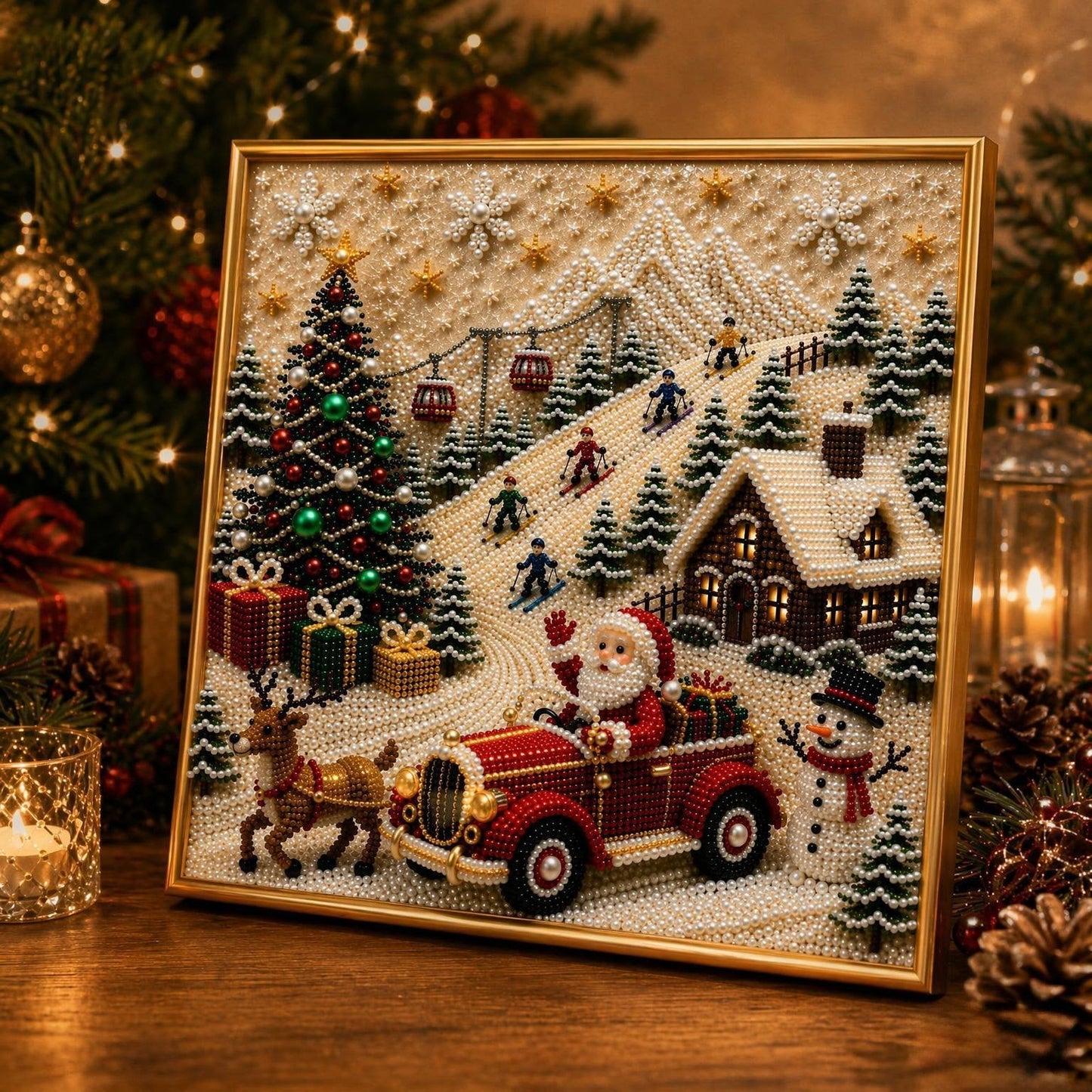 🎄🎅 Kit de décorations murales de Noël 3D haut de gamme avec perles | Toile de luxe recouverte d'une couche de flocons, avec des perles résistantes aux rayures et aux décolorations – Décoration de Noël à réaliser soi-même ⛄️❄️