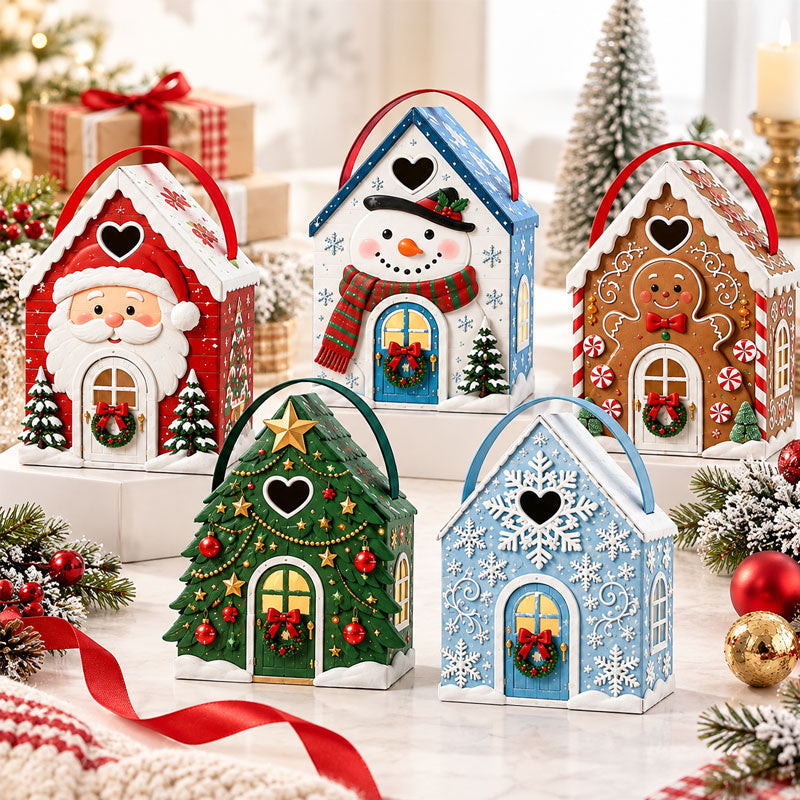 🏠🎄 Coffret cadeau « Christmas Cottage » avec poignée — 5 motifs festifs, emballage en forme de maison avec poignée de transport