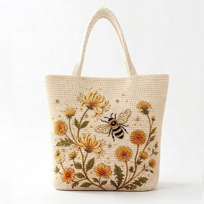 🌼 Sac fourre-tout « Abeille » au crochet fait main : broderie florale haut de gamme et sac à bandoulière bohème chic ! 🐝
