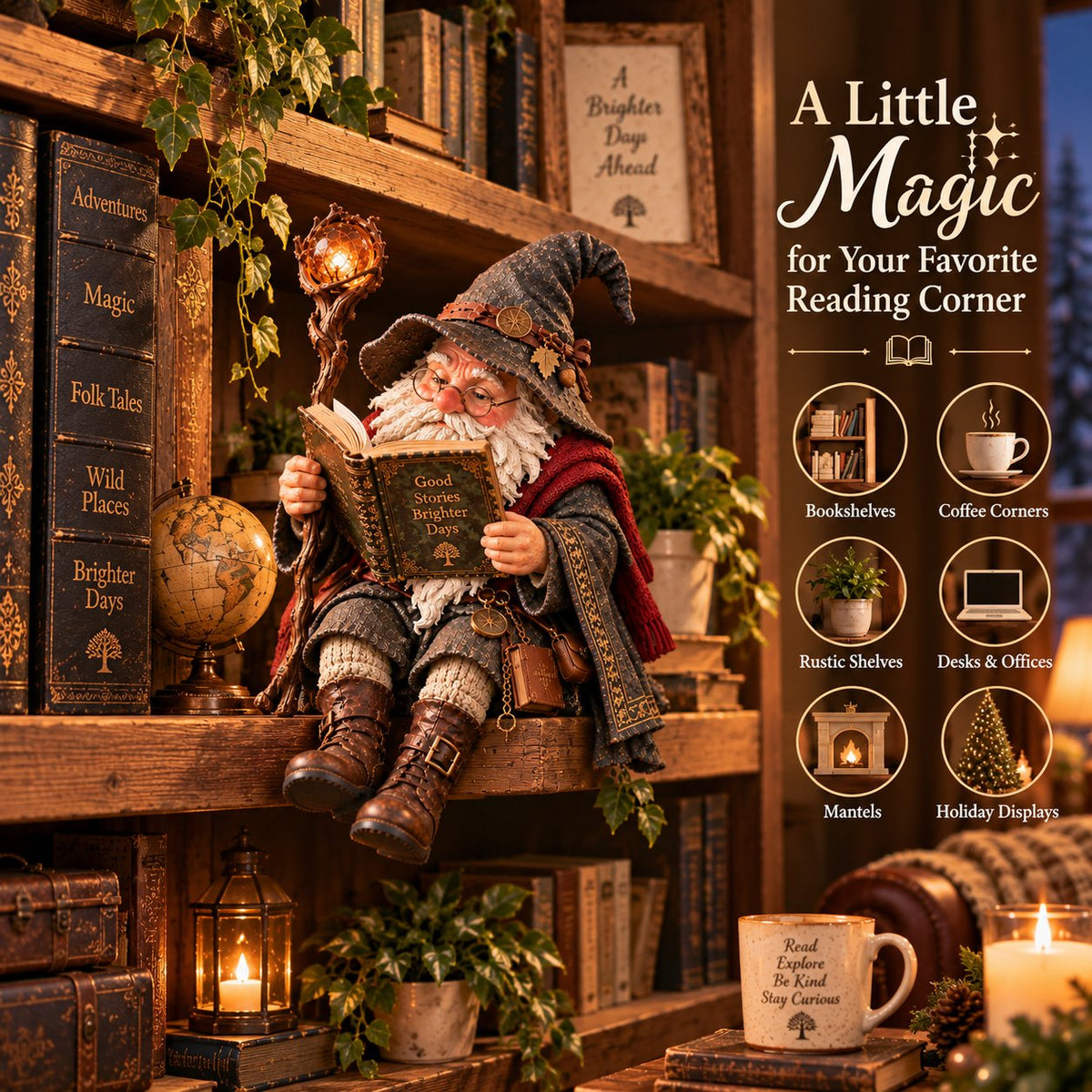🧙‍♂️ Le lutin érudit itinérant – Une statuette envoûtante représentant un sorcier des livres