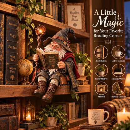 🧙‍♂️ Le lutin érudit itinérant – Une statuette envoûtante représentant un sorcier des livres