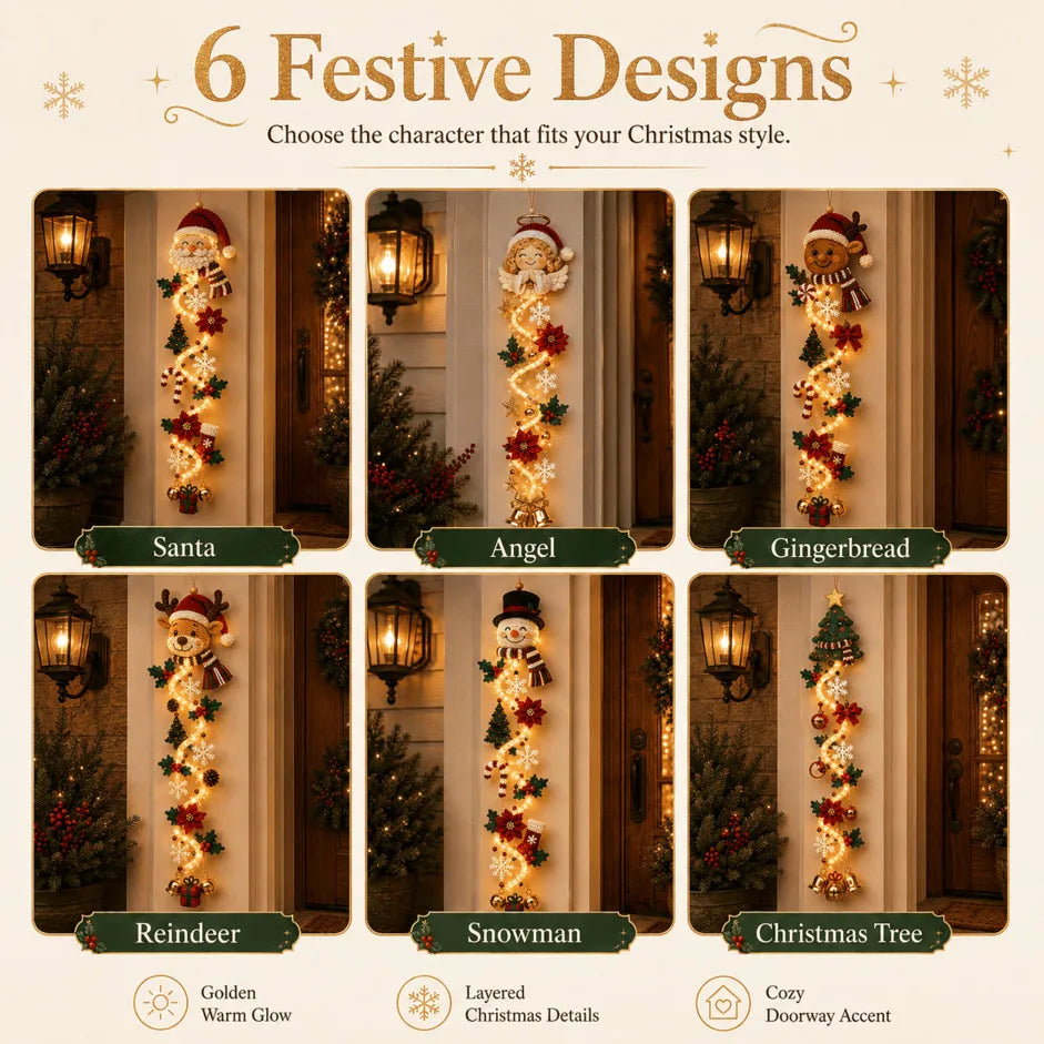 🎄MerryCascade™ Décoration de porte de Noël lumineuse | 6 modèles festifs et lumineux, avec une lueur chaleureuse, des détails en relief et une décoration verticale peu encombrante ✨