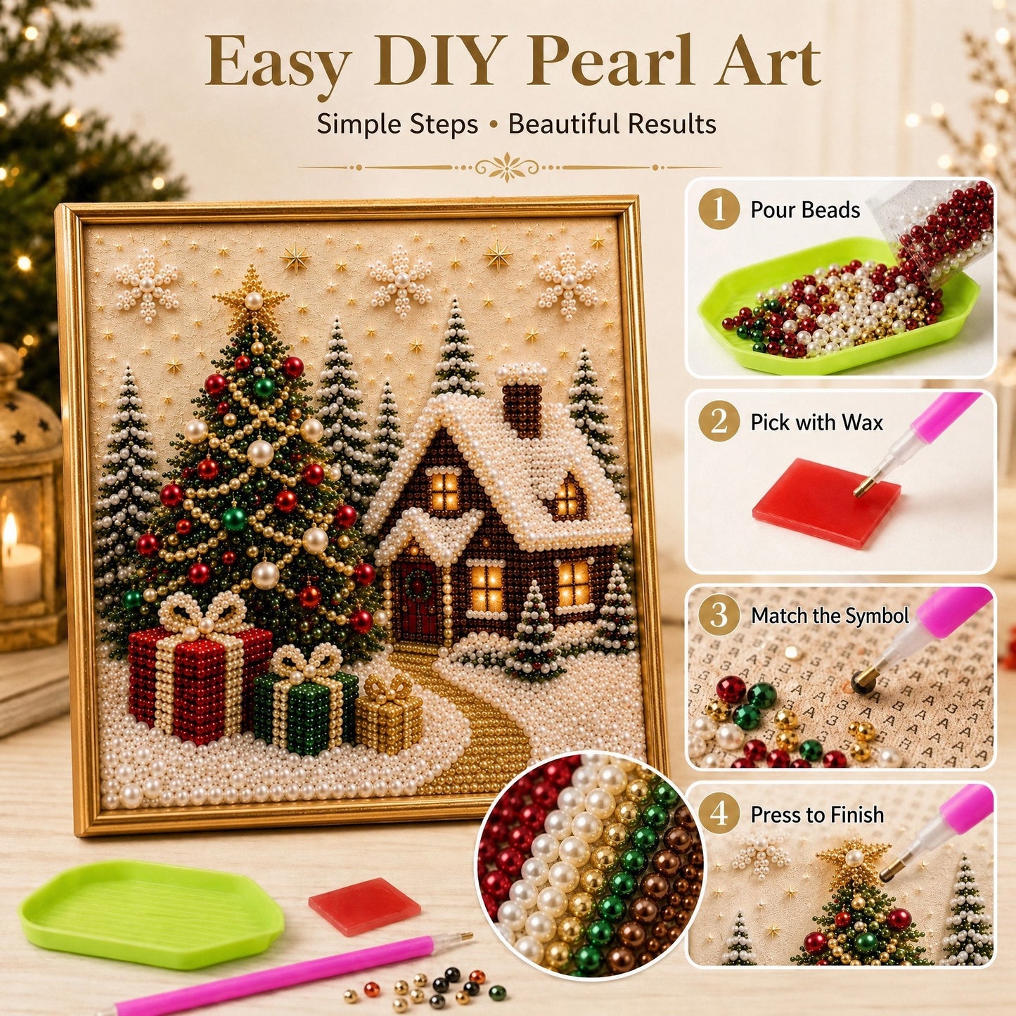 🎄🎅 Kit de décorations murales de Noël 3D haut de gamme avec perles | Toile de luxe recouverte d'une couche de flocons, avec des perles résistantes aux rayures et aux décolorations – Décoration de Noël à réaliser soi-même ⛄️❄️