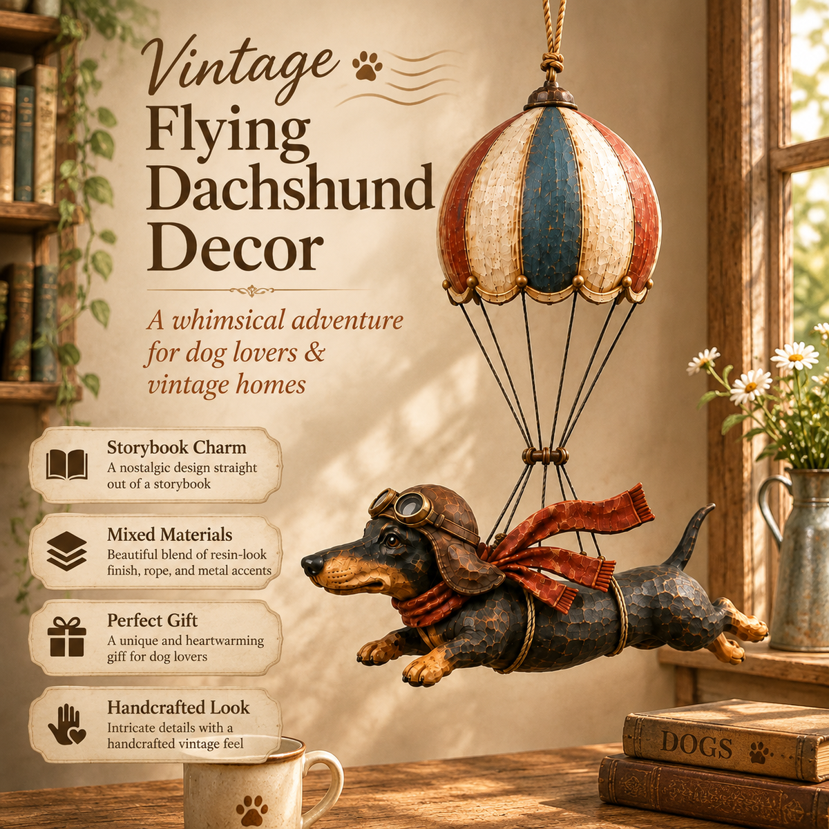 🐾✨ Montgolfière vintage en forme de teckel – Une décoration de rêve !