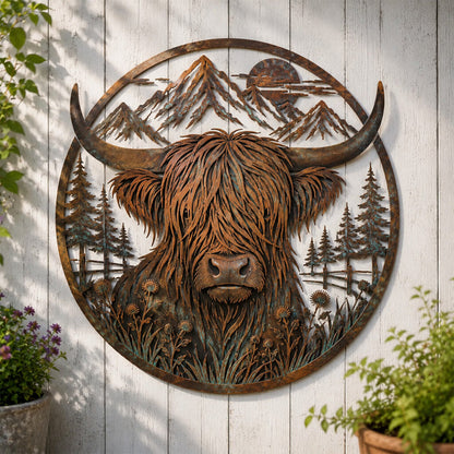 🐂Décoration murale en métal représentant un paysage de montagne et une vache des Highlands🏔️