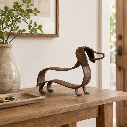 🐶✨ Sculpture rustique en métal représentant un teckel – Un charme intemporel pour la maison et le jardin !