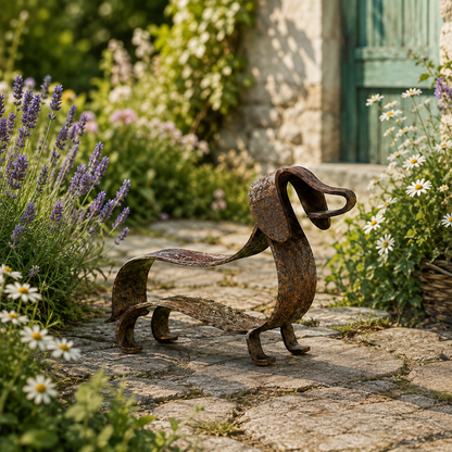 🐶✨ Sculpture rustique en métal représentant un teckel – Un charme intemporel pour la maison et le jardin !