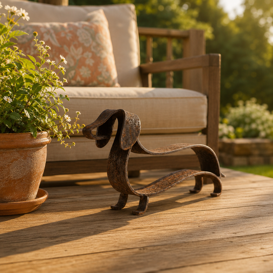 🐶✨ Sculpture rustique en métal représentant un teckel – Un charme intemporel pour la maison et le jardin !