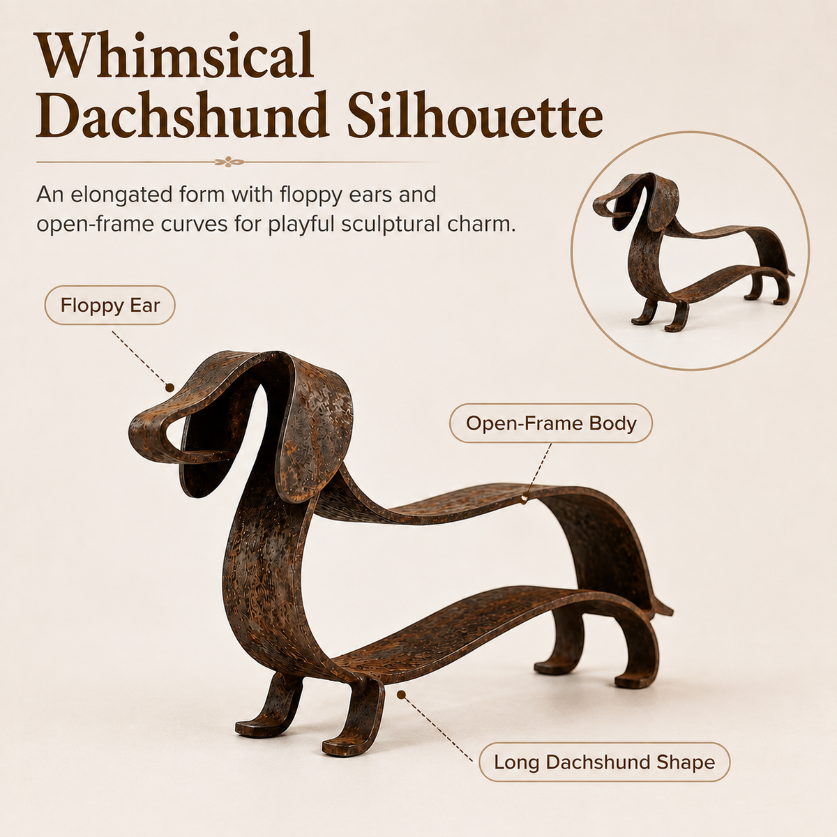 🐶✨ Sculpture rustique en métal représentant un teckel – Un charme intemporel pour la maison et le jardin !