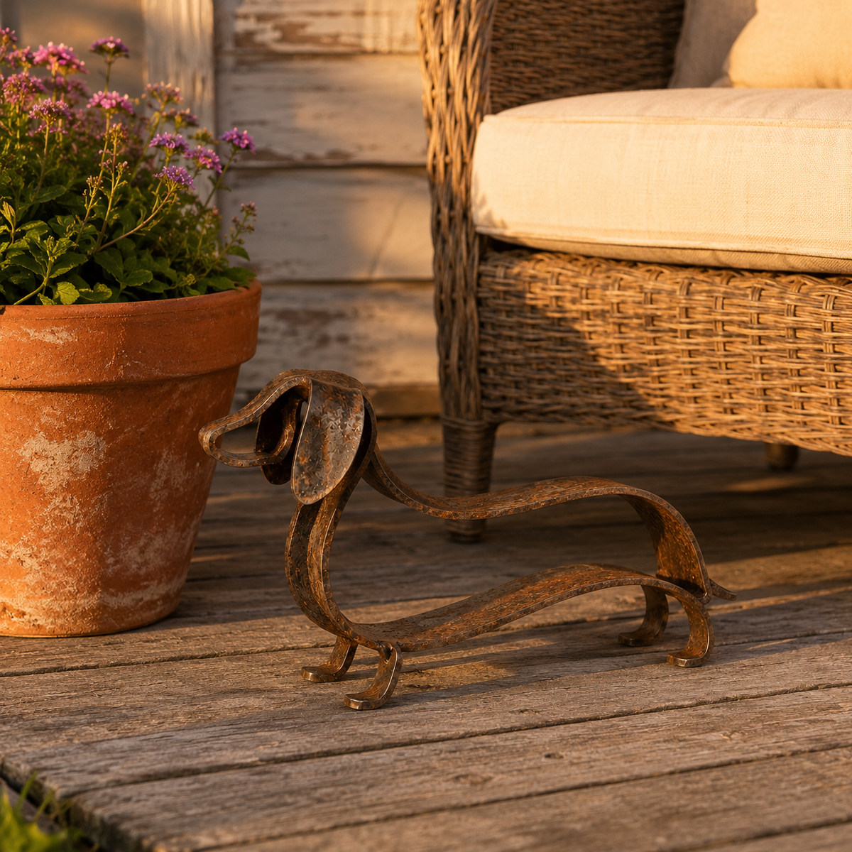 🐶✨ Sculpture rustique en métal représentant un teckel – Un charme intemporel pour la maison et le jardin !