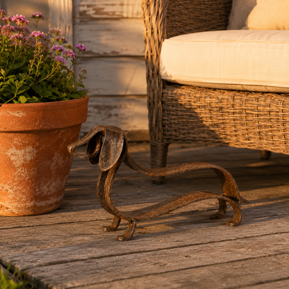🐶✨ Sculpture rustique en métal représentant un teckel – Un charme intemporel pour la maison et le jardin !