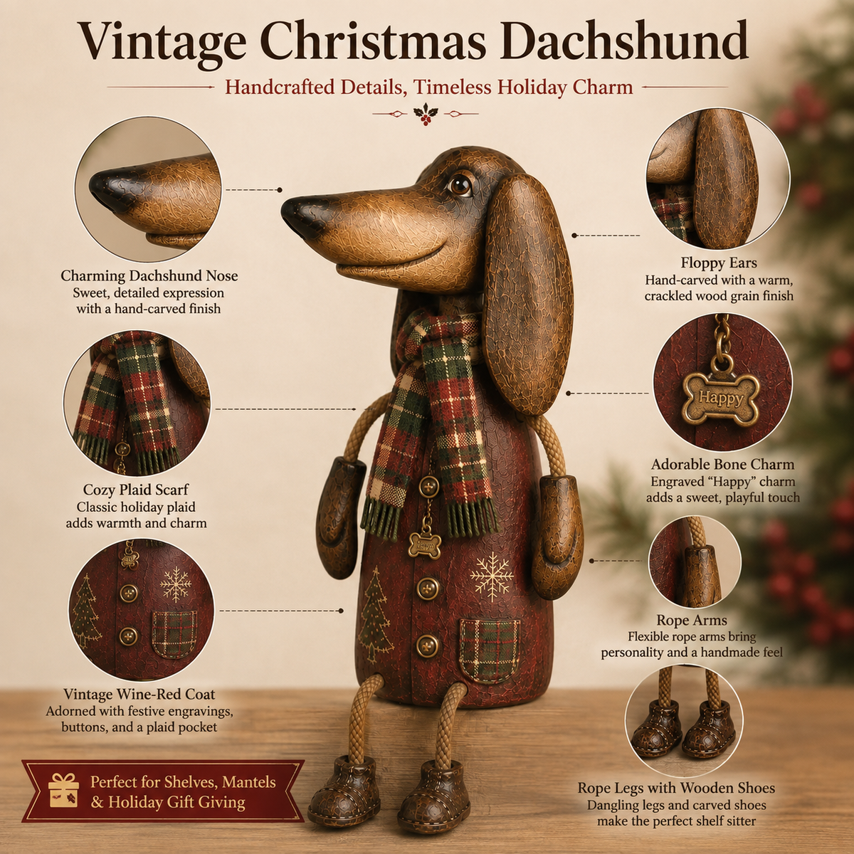 🏡Figurine de Noël vintage représentant un teckel, à poser sur une étagère