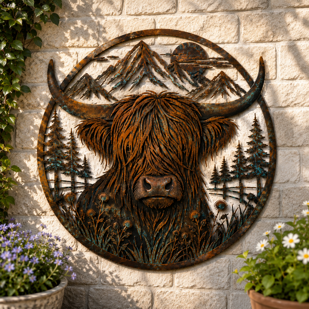 🐂Décoration murale en métal représentant un paysage de montagne et une vache des Highlands🏔️