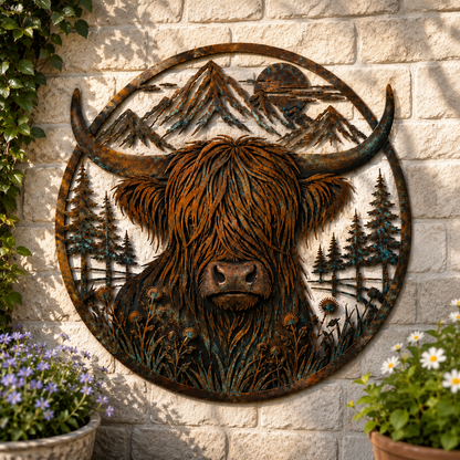 🐂Décoration murale en métal représentant un paysage de montagne et une vache des Highlands🏔️