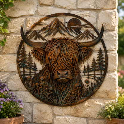 🐂Décoration murale en métal représentant un paysage de montagne et une vache des Highlands🏔️