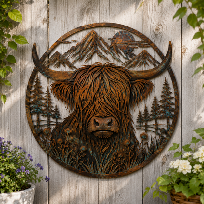 🐂Décoration murale en métal représentant un paysage de montagne et une vache des Highlands🏔️