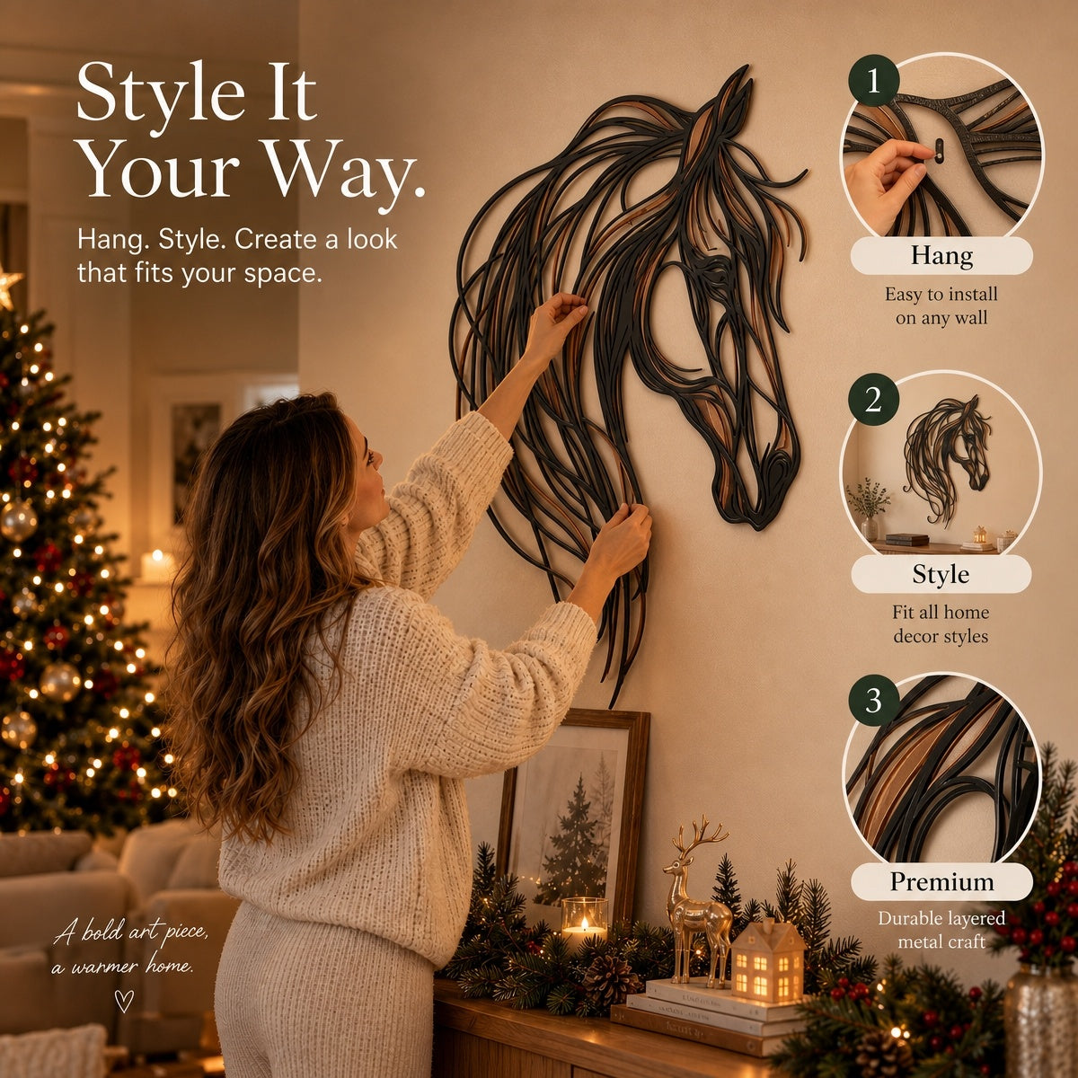 🐴✨ Décoration murale « Tête de cheval » en métal – Une œuvre d'art élégante aux accents chaleureux de bronze et de cuivre
