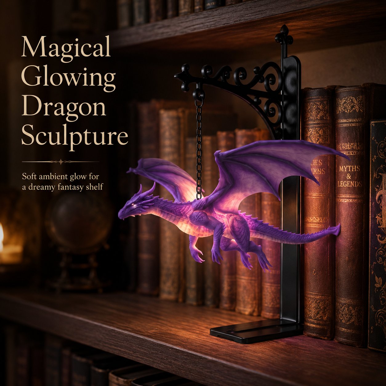 🐉 DragonGlow : serre-livres suspendu en forme de dragon violet avec petite lampe – Laissez un dragon lumineux veiller sur vos histoires préférées 📚🌠