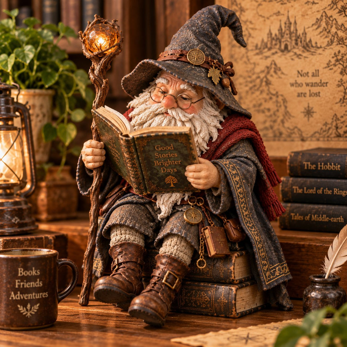 🧙‍♂️ Le lutin érudit itinérant – Une statuette envoûtante représentant un sorcier des livres