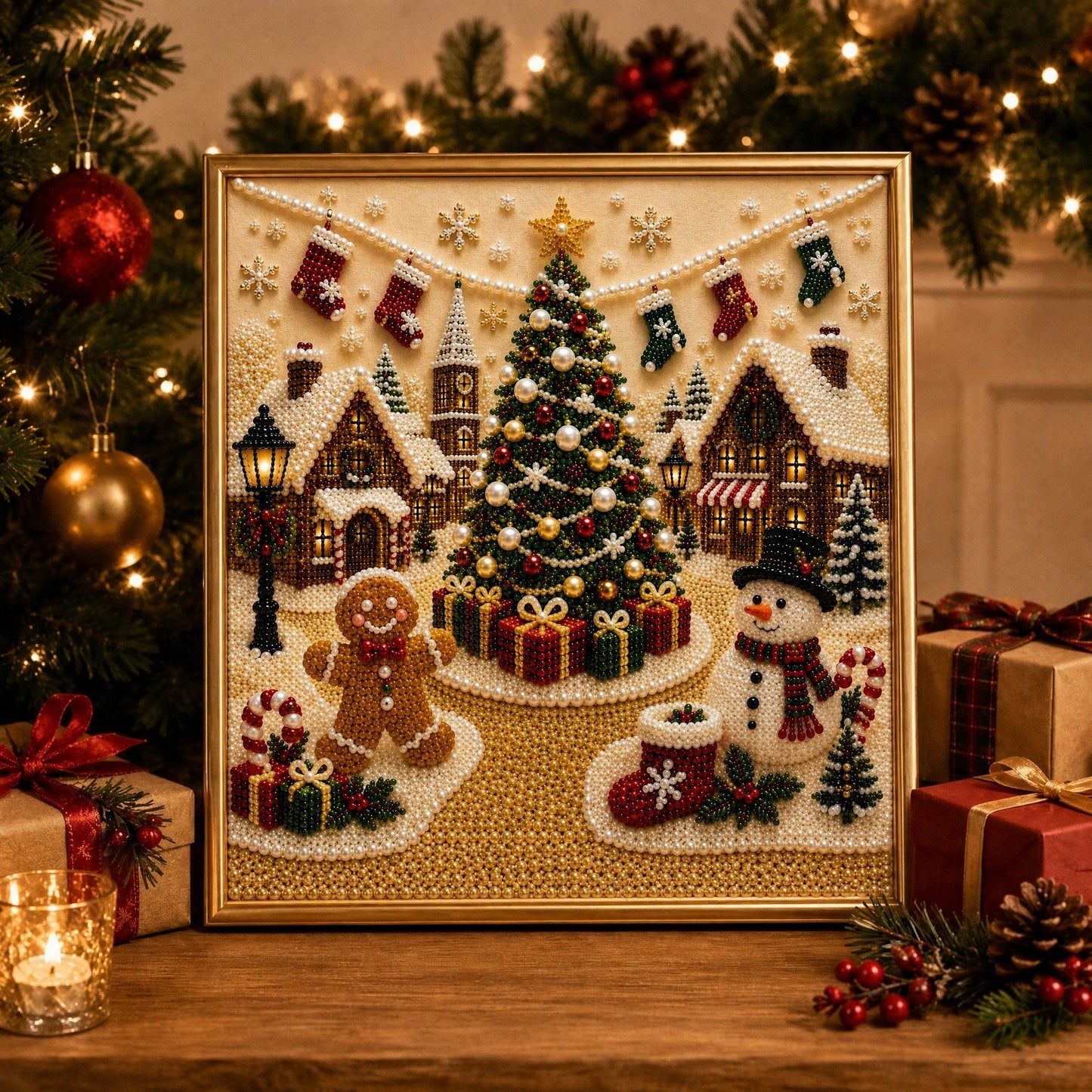 🎄🎅 Kit de décorations murales de Noël 3D haut de gamme avec perles | Toile de luxe recouverte d'une couche de flocons, avec des perles résistantes aux rayures et aux décolorations – Décoration de Noël à réaliser soi-même ⛄️❄️