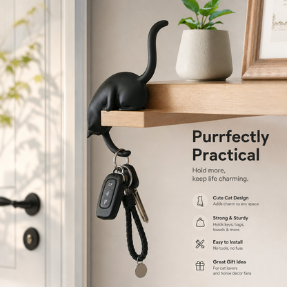 🐈‍⬛🗝️ Porte-clés créatif en forme de queue de chat noir – Crochet décoratif pour la maison 🏠